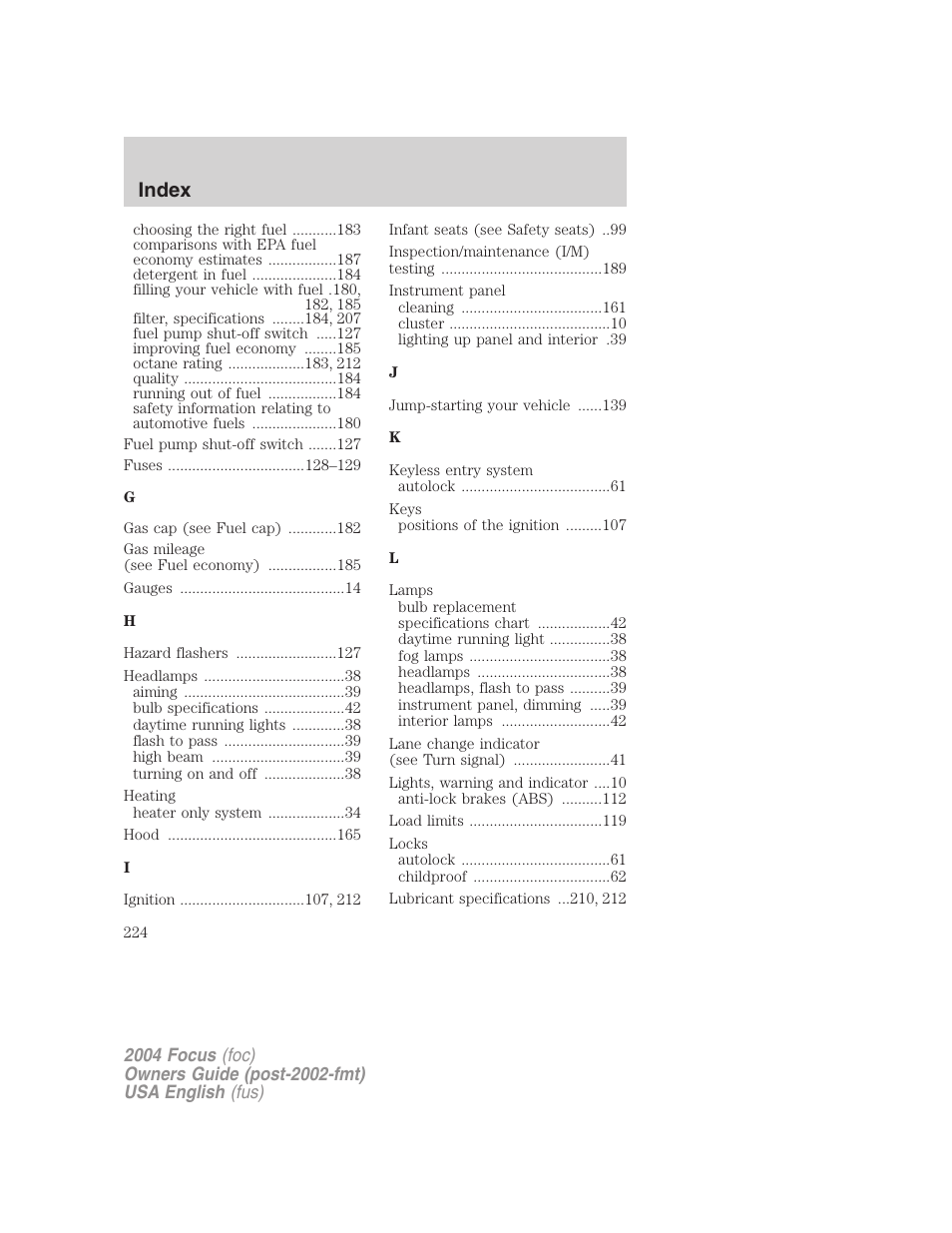 Index | FORD 2004 Focus v.1 User Manual | Page 224 / 232