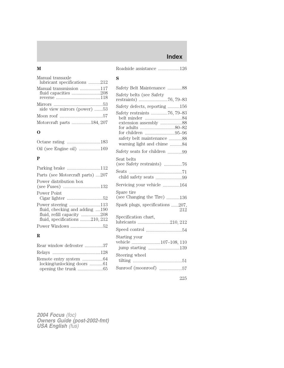 Index | FORD 2004 Focus v.1 User Manual | Page 225 / 232