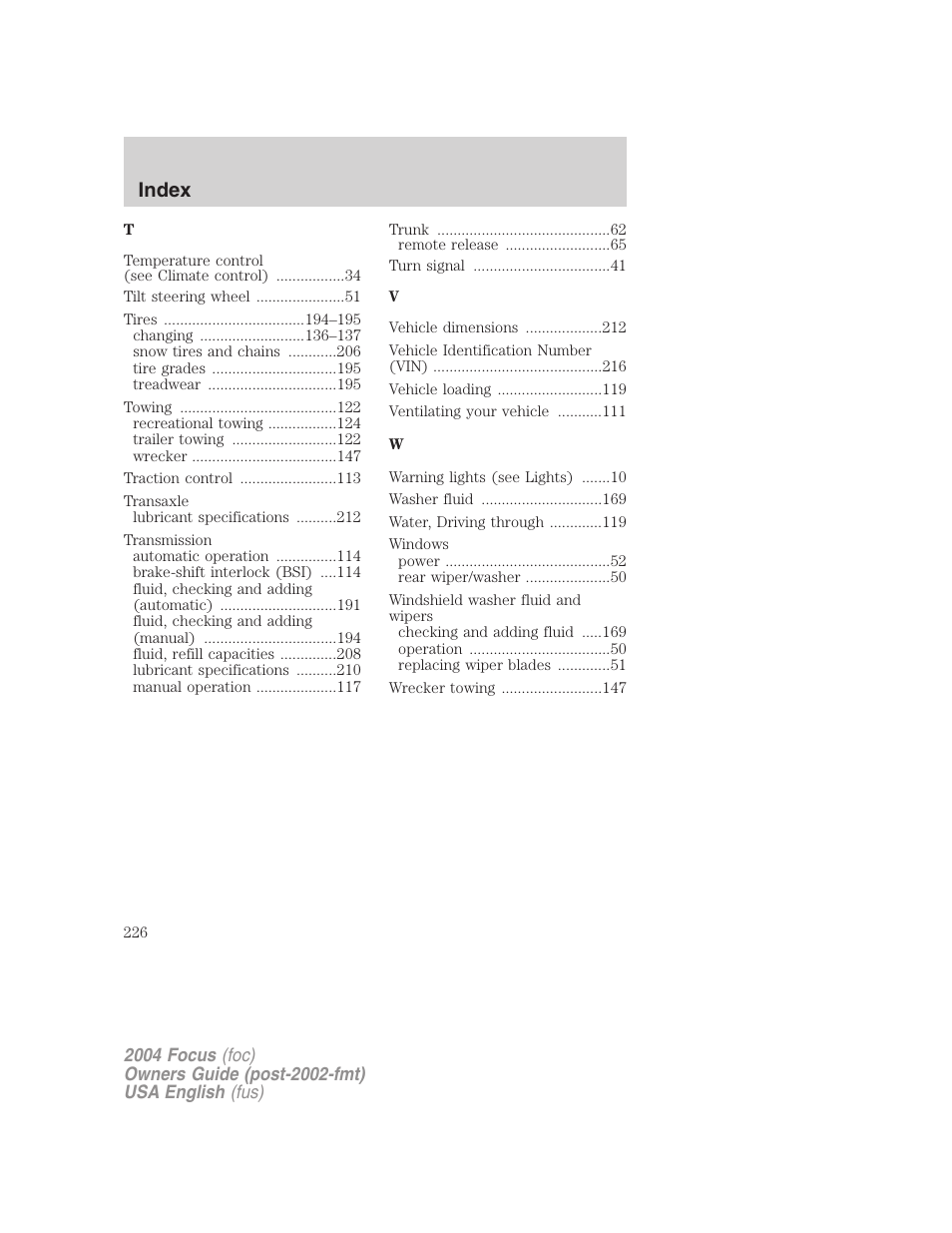 Index | FORD 2004 Focus v.1 User Manual | Page 226 / 232