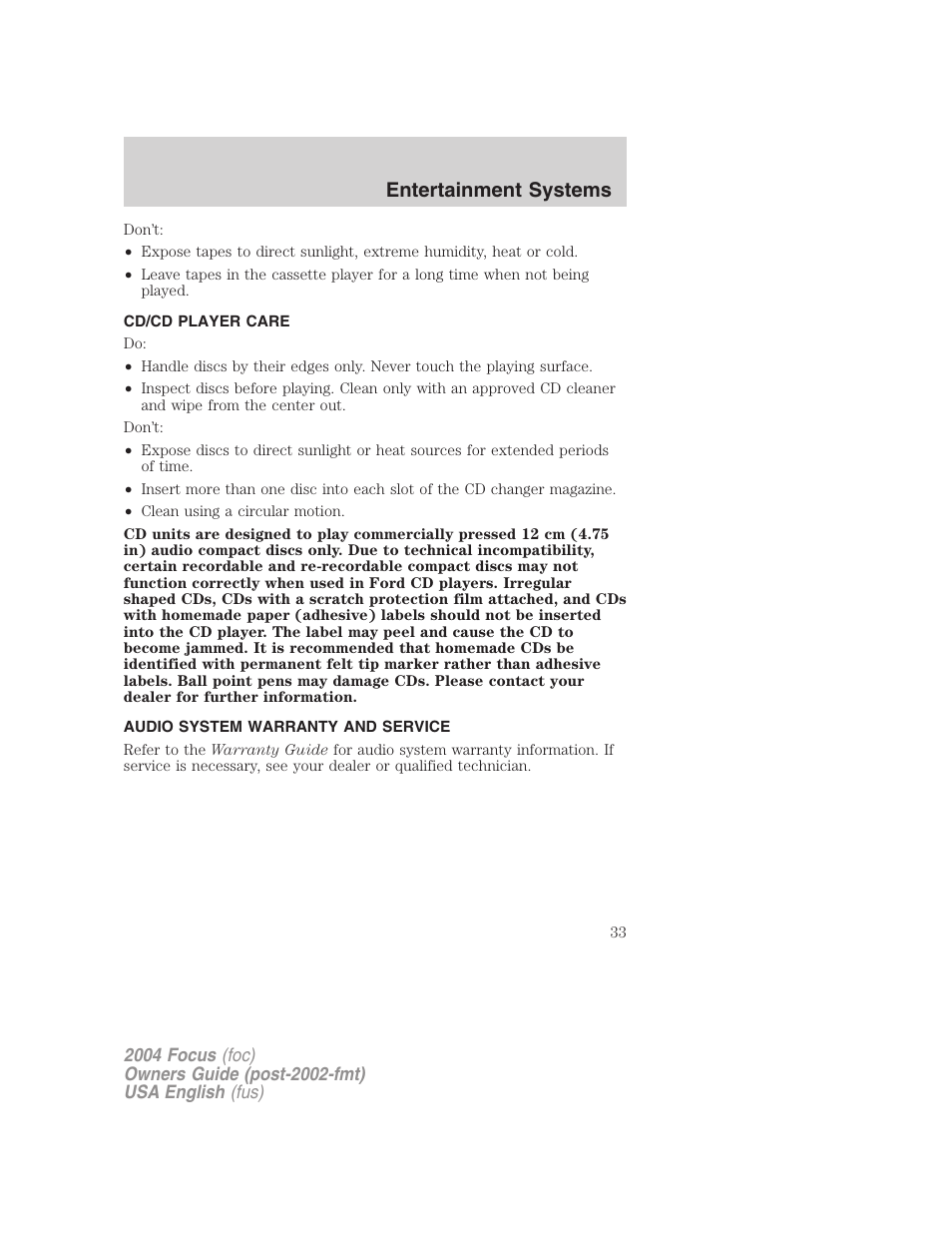 Entertainment systems | FORD 2004 Focus v.1 User Manual | Page 33 / 232