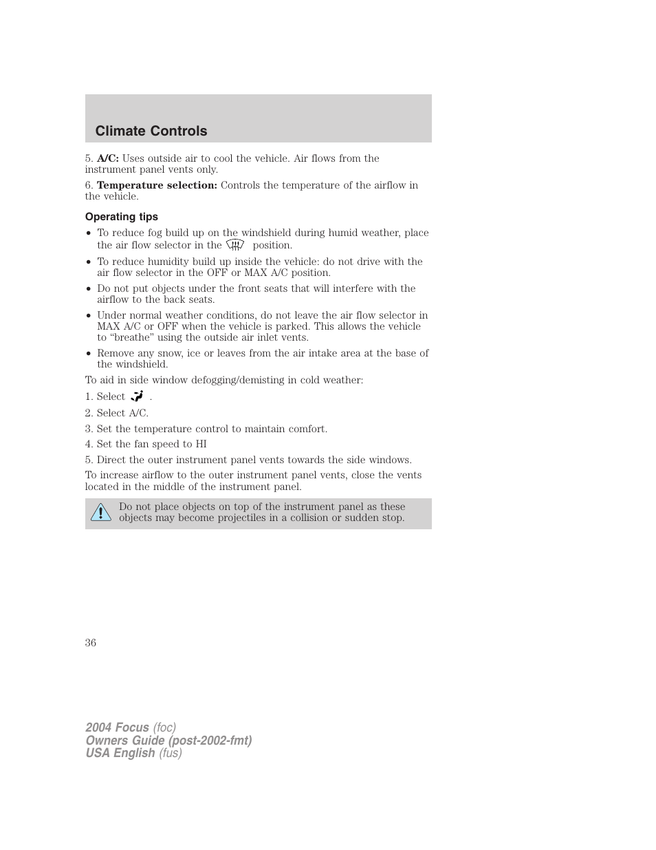 Climate controls | FORD 2004 Focus v.1 User Manual | Page 36 / 232