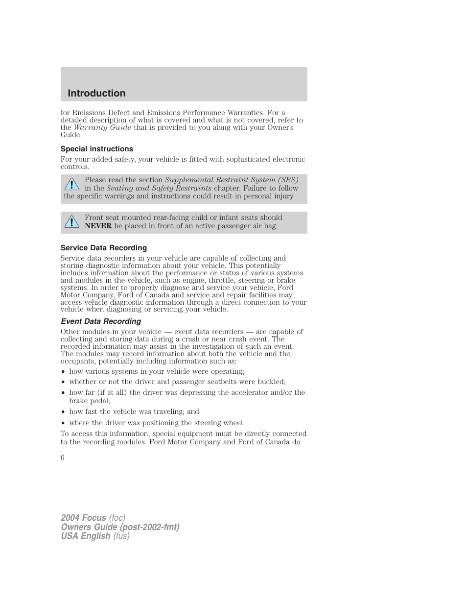 Introduction | FORD 2004 Focus v.1 User Manual | Page 6 / 232