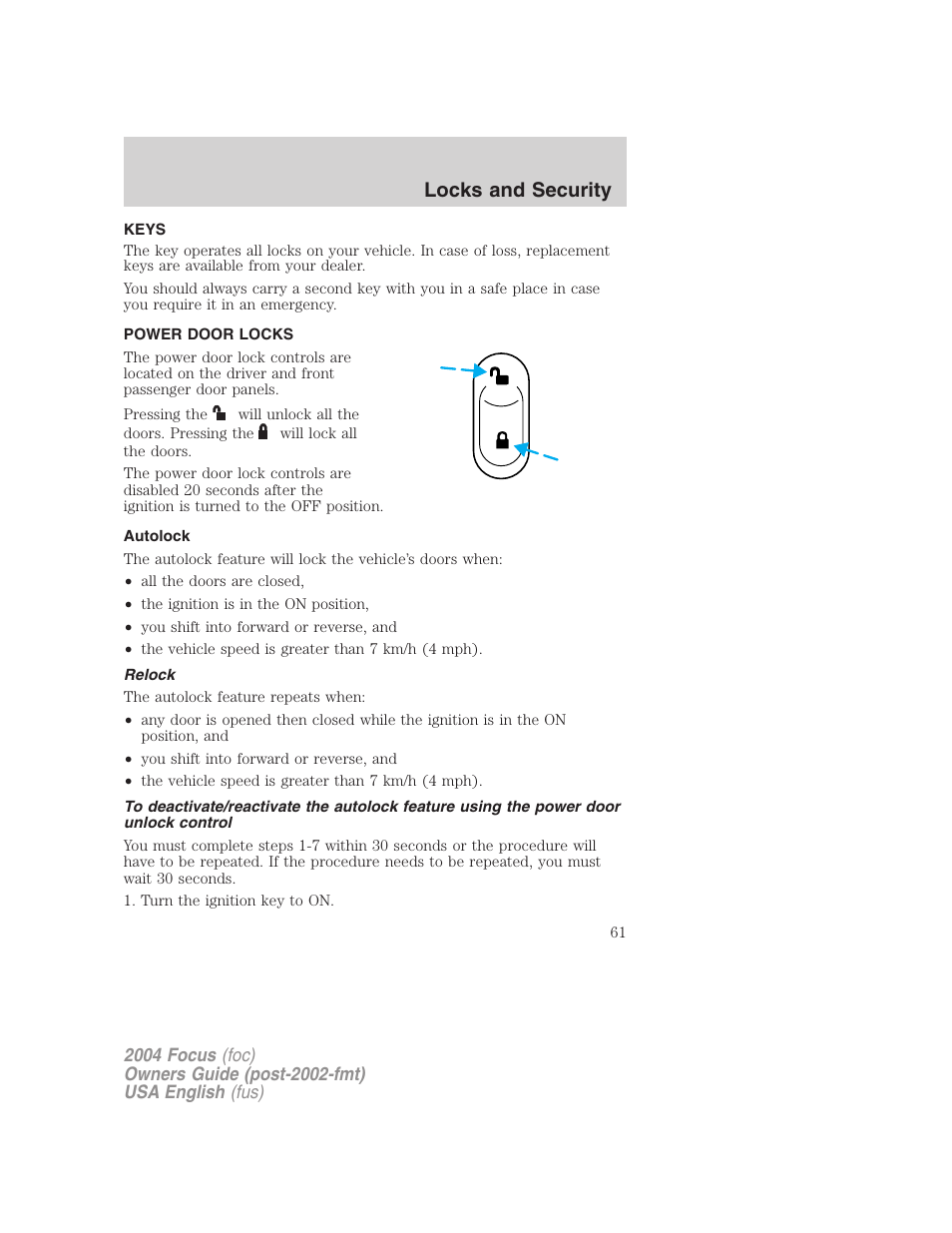 Locks and security | FORD 2004 Focus v.1 User Manual | Page 61 / 232