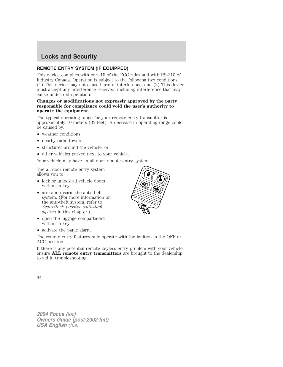 Locks and security | FORD 2004 Focus v.1 User Manual | Page 64 / 232