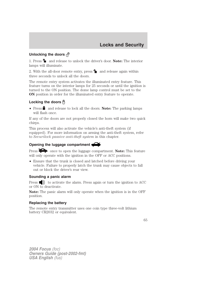 Locks and security | FORD 2004 Focus v.1 User Manual | Page 65 / 232