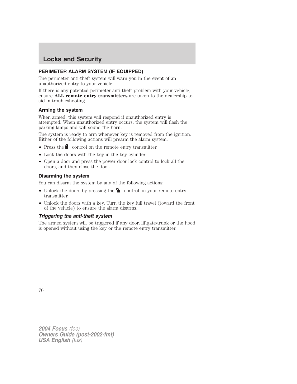 Locks and security | FORD 2004 Focus v.1 User Manual | Page 70 / 232