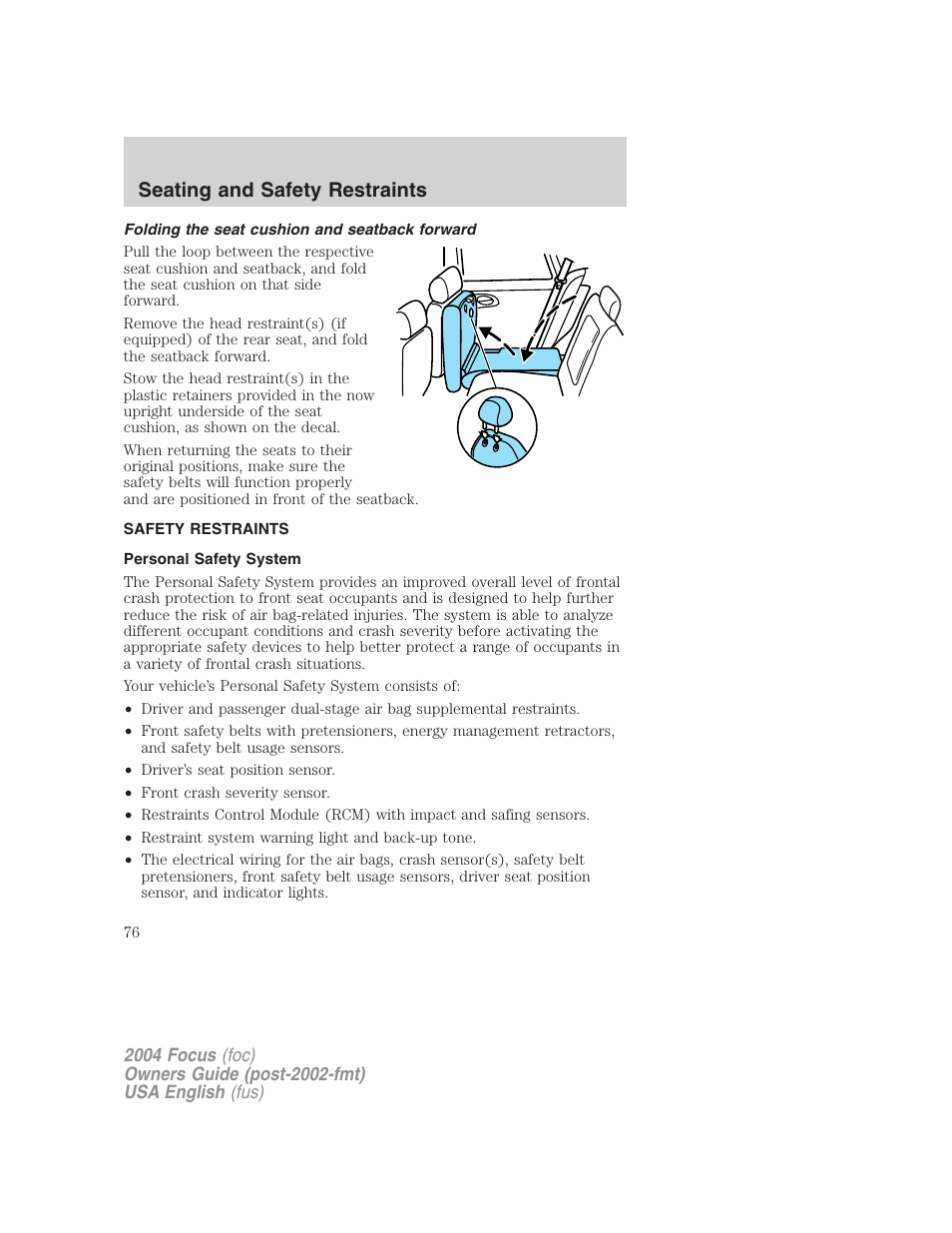 Seating and safety restraints | FORD 2004 Focus v.1 User Manual | Page 76 / 232