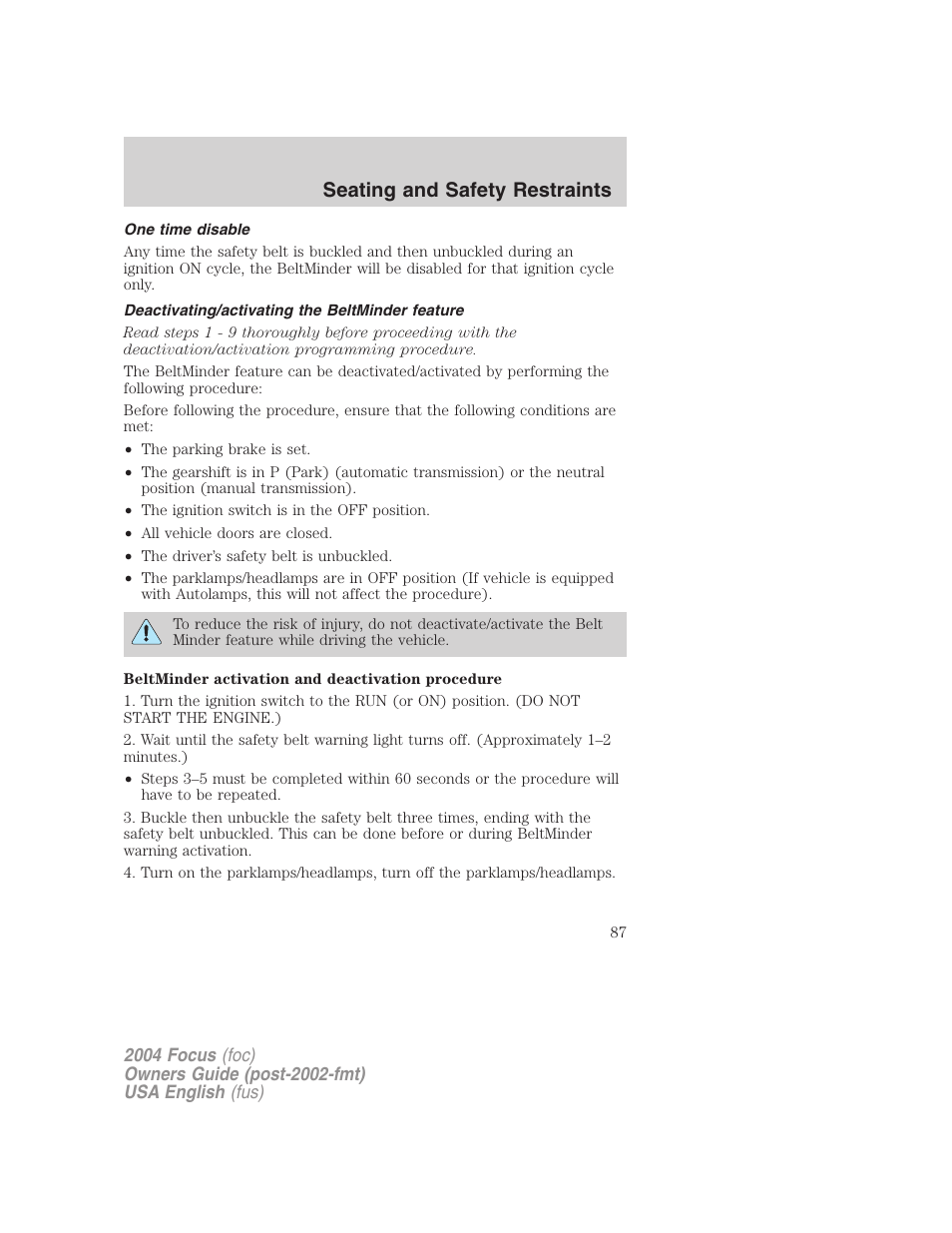 Seating and safety restraints | FORD 2004 Focus v.1 User Manual | Page 87 / 232