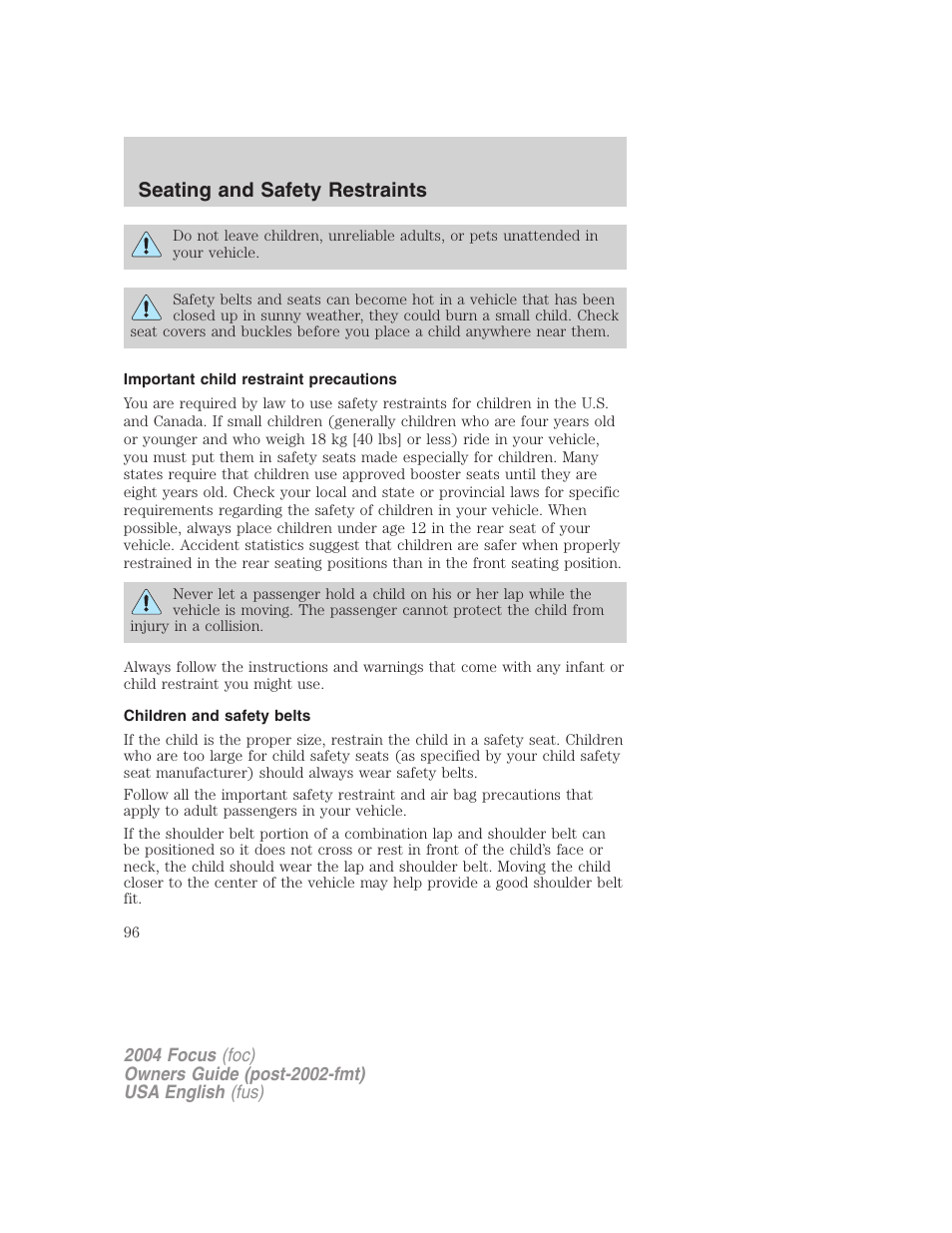 Seating and safety restraints | FORD 2004 Focus v.1 User Manual | Page 96 / 232