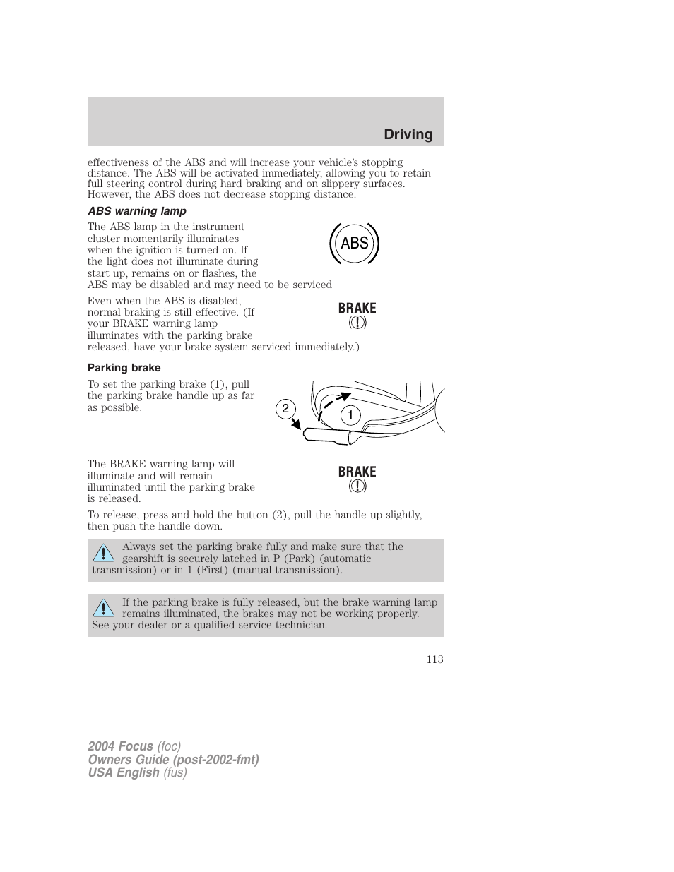 Driving | FORD 2004 Focus v.2 User Manual | Page 113 / 232