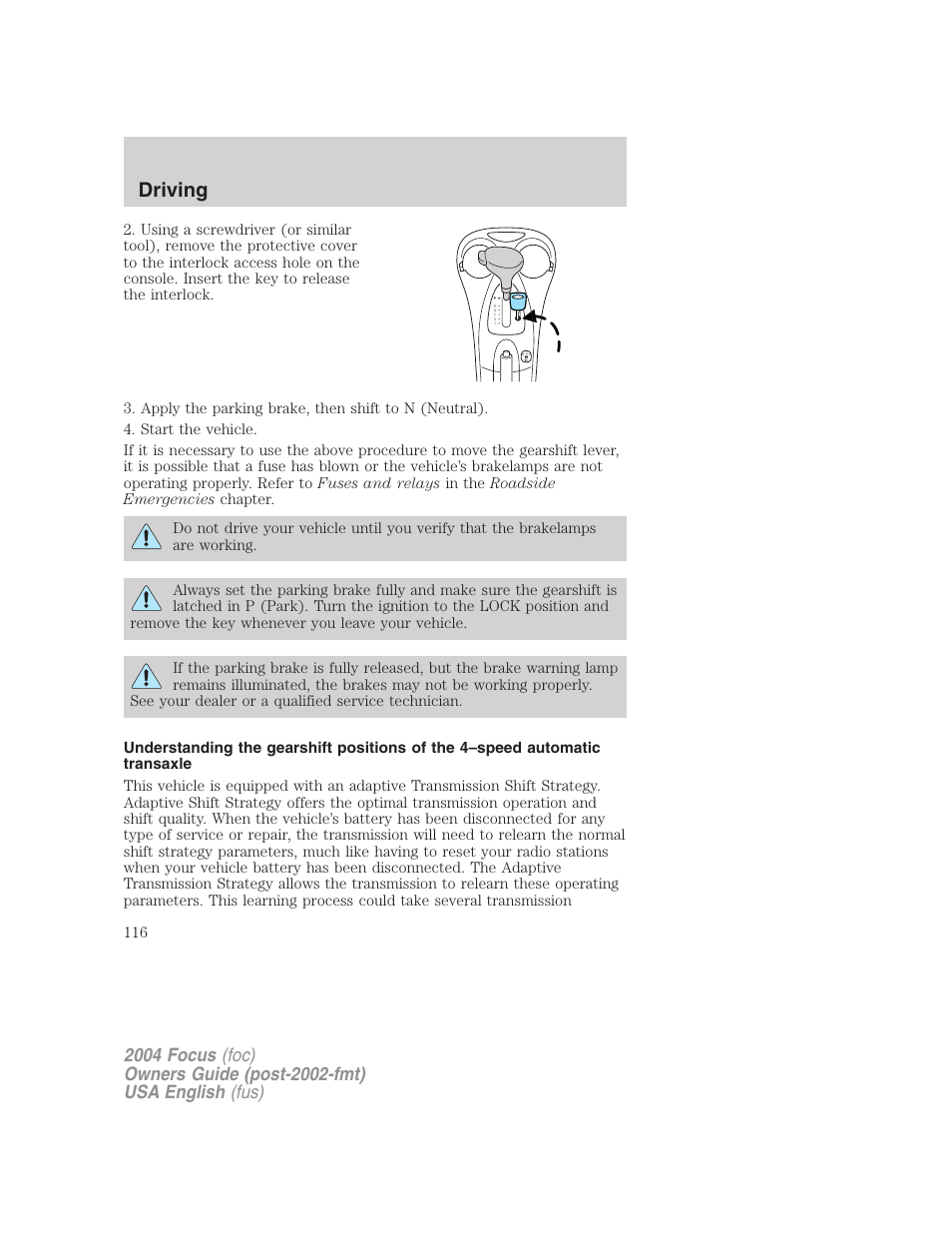 Driving | FORD 2004 Focus v.2 User Manual | Page 116 / 232