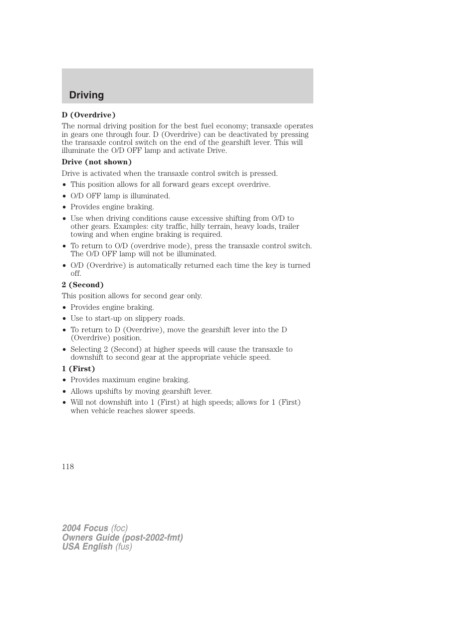 Driving | FORD 2004 Focus v.2 User Manual | Page 118 / 232