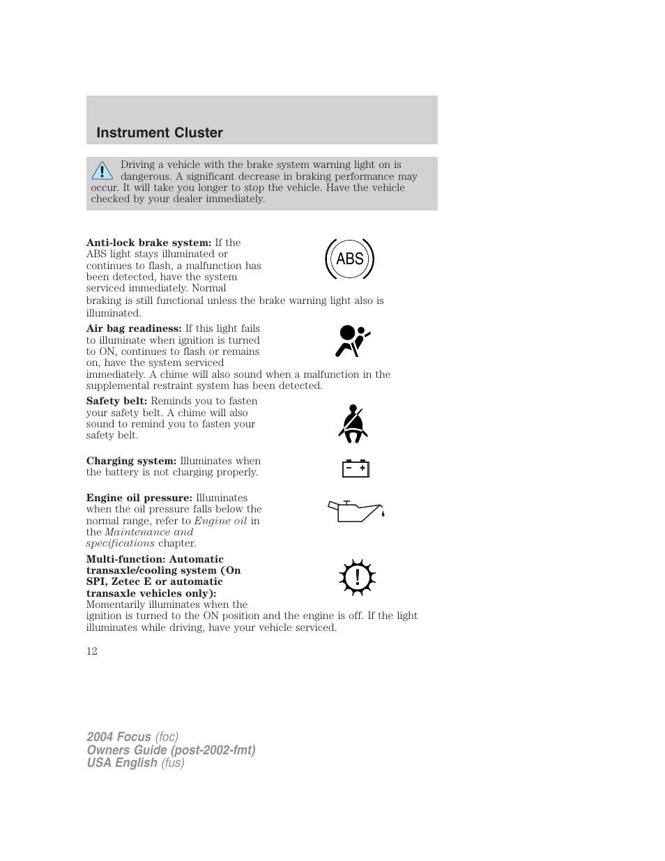 Instrument cluster | FORD 2004 Focus v.2 User Manual | Page 12 / 232