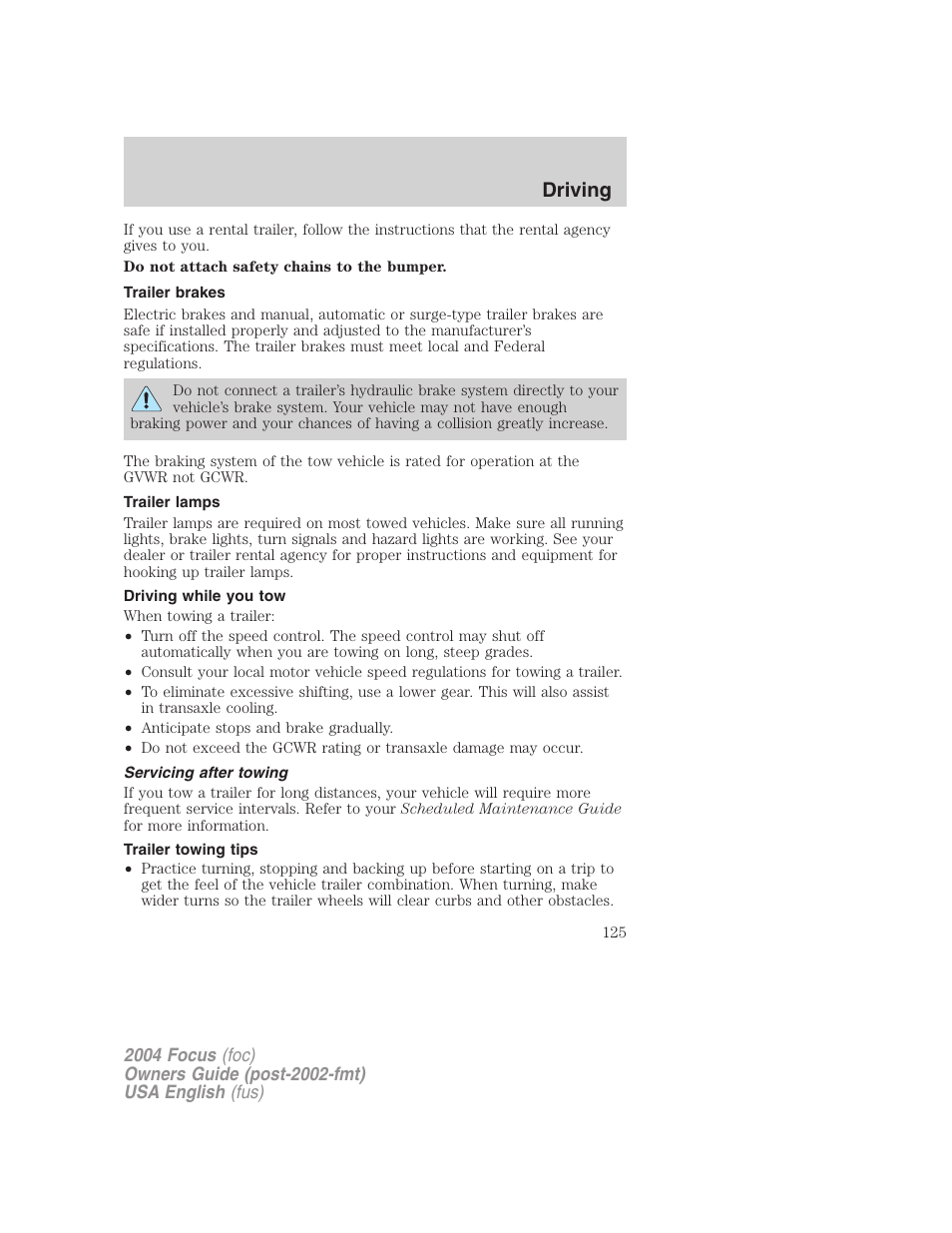 Driving | FORD 2004 Focus v.2 User Manual | Page 125 / 232