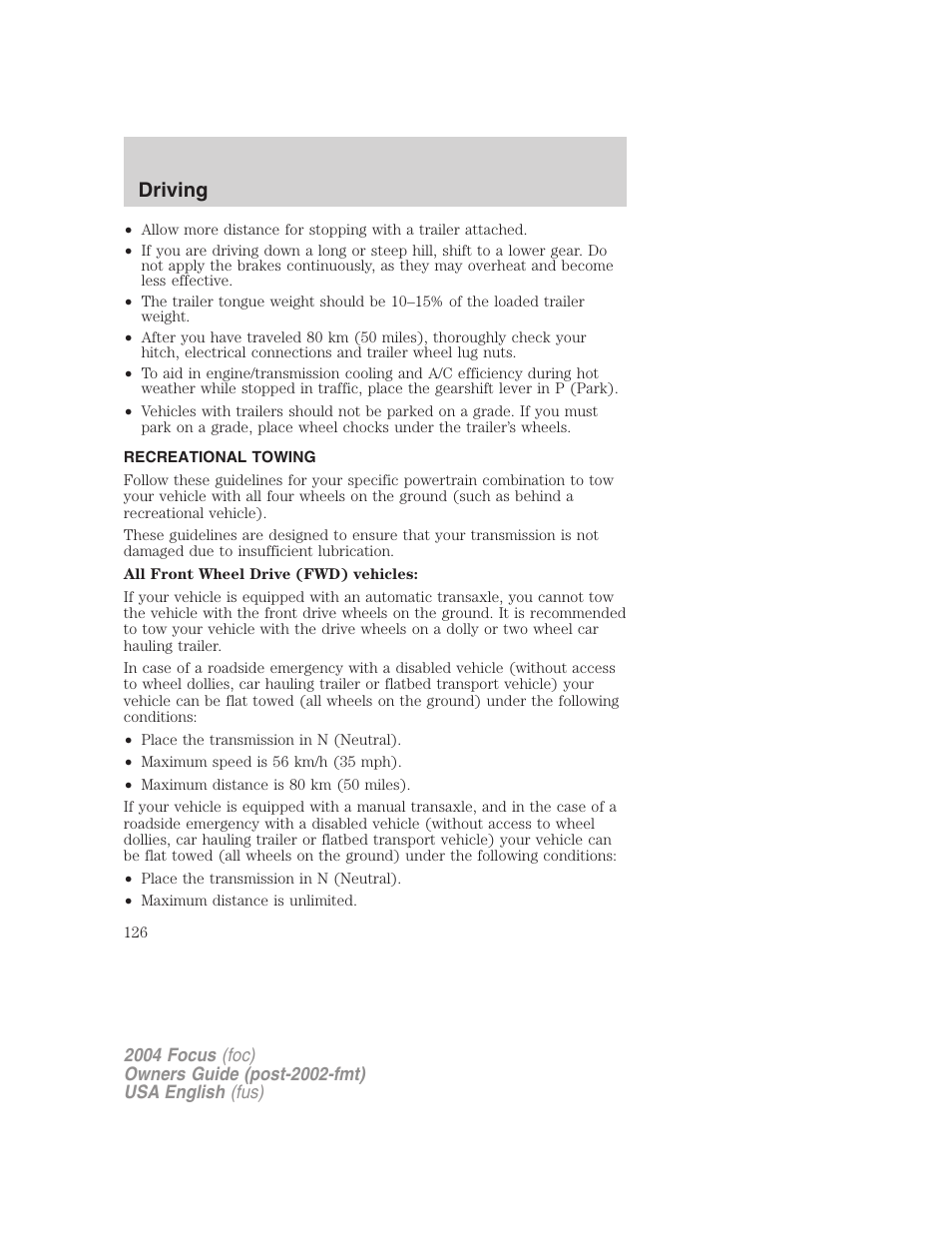 Driving | FORD 2004 Focus v.2 User Manual | Page 126 / 232