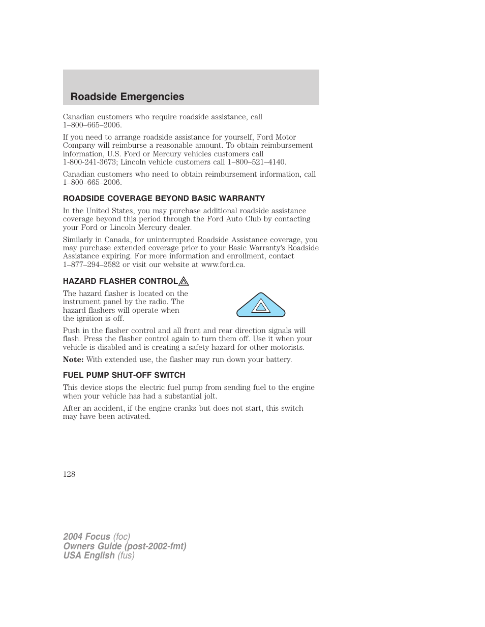 Roadside emergencies | FORD 2004 Focus v.2 User Manual | Page 128 / 232