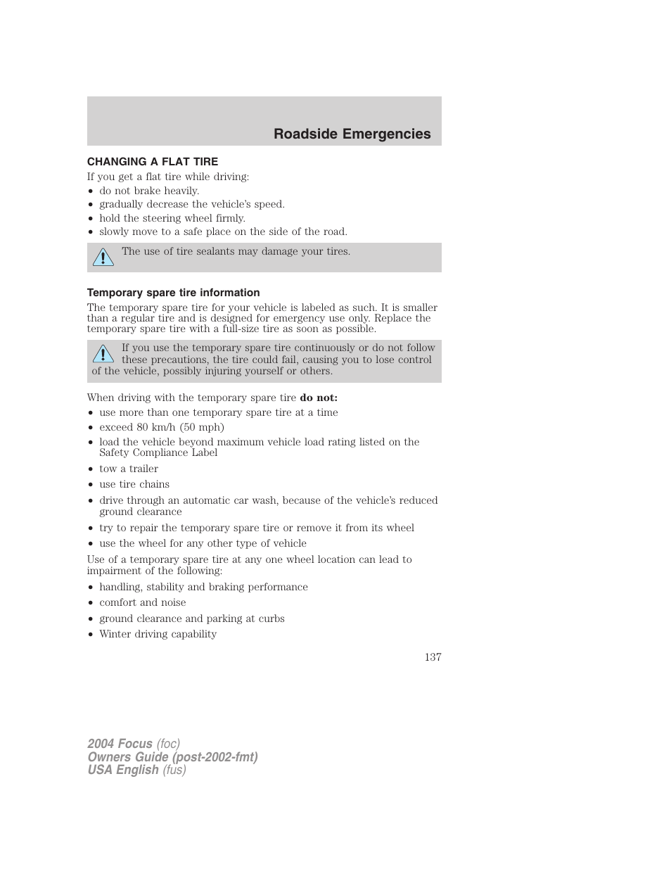 Roadside emergencies | FORD 2004 Focus v.2 User Manual | Page 137 / 232