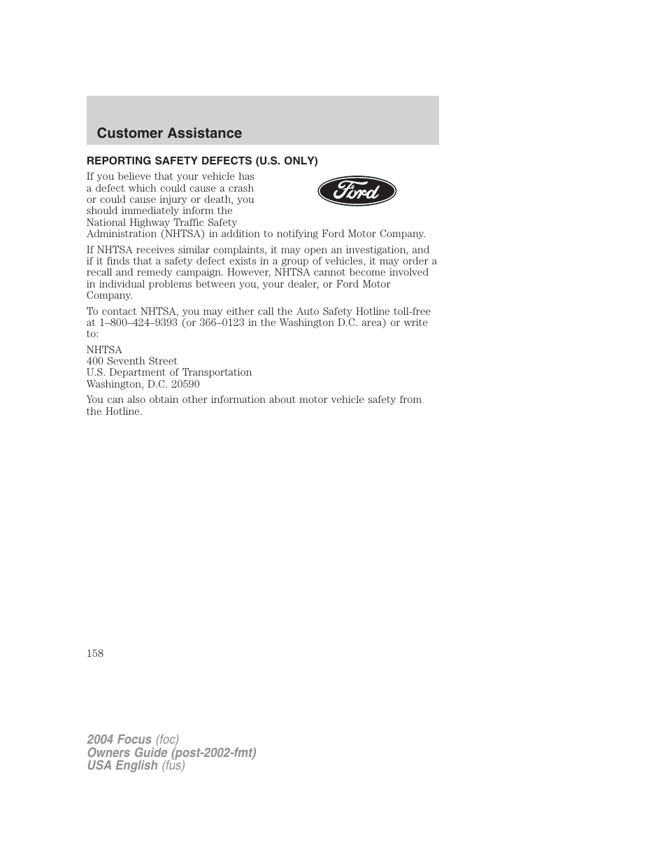 Customer assistance | FORD 2004 Focus v.2 User Manual | Page 158 / 232