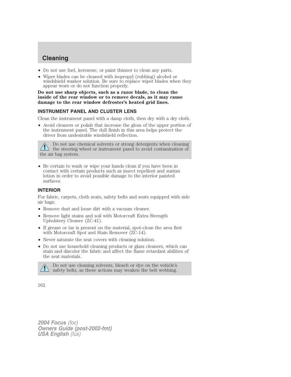 Cleaning | FORD 2004 Focus v.2 User Manual | Page 162 / 232