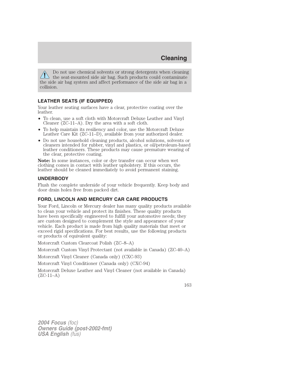 Cleaning | FORD 2004 Focus v.2 User Manual | Page 163 / 232