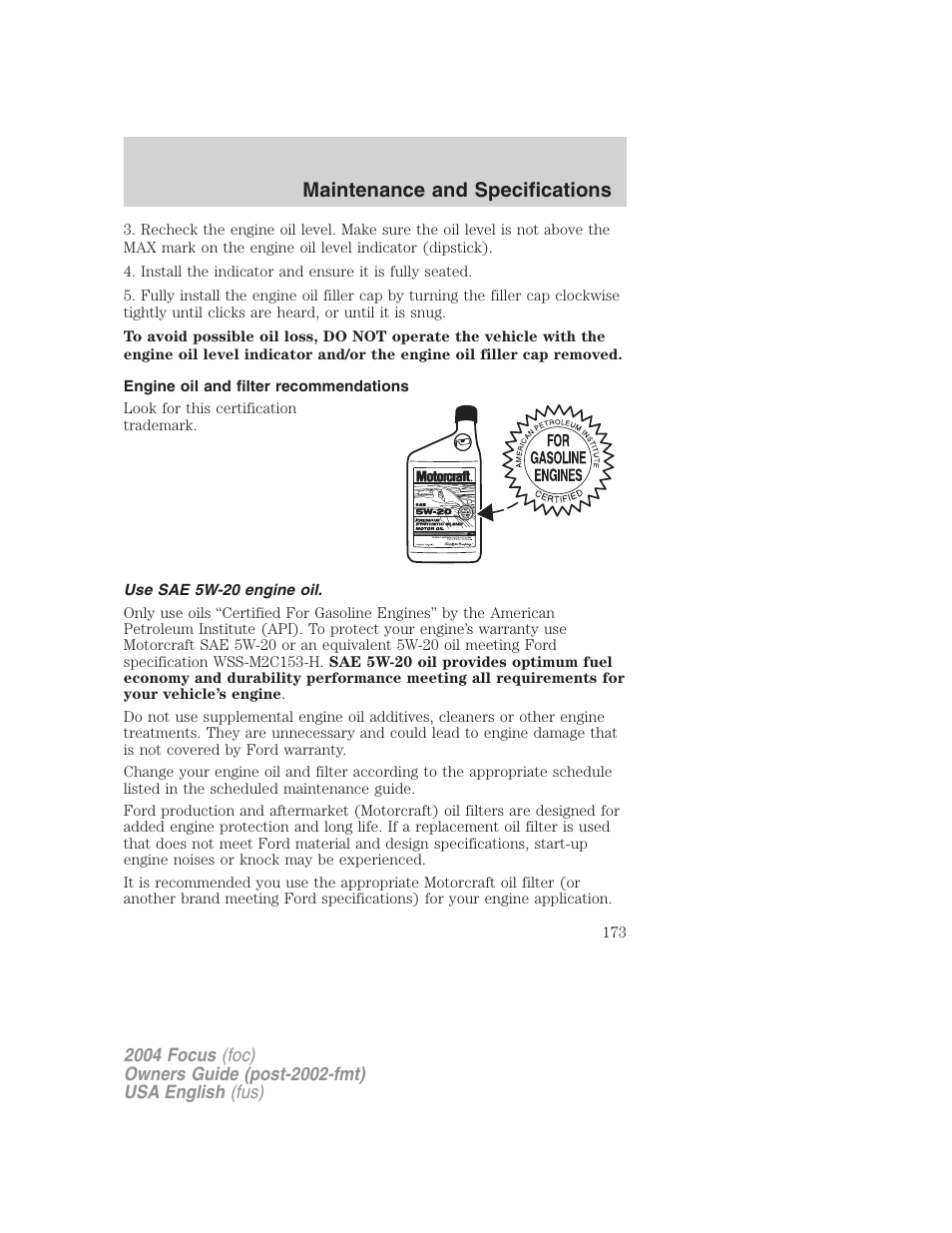 Maintenance and specifications | FORD 2004 Focus v.2 User Manual | Page 173 / 232