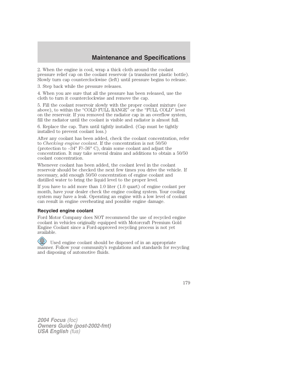 Maintenance and specifications | FORD 2004 Focus v.2 User Manual | Page 179 / 232