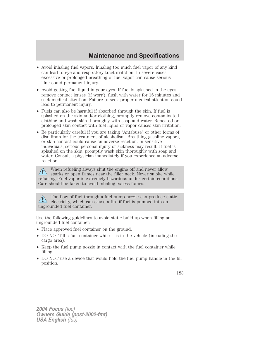 Maintenance and specifications | FORD 2004 Focus v.2 User Manual | Page 183 / 232