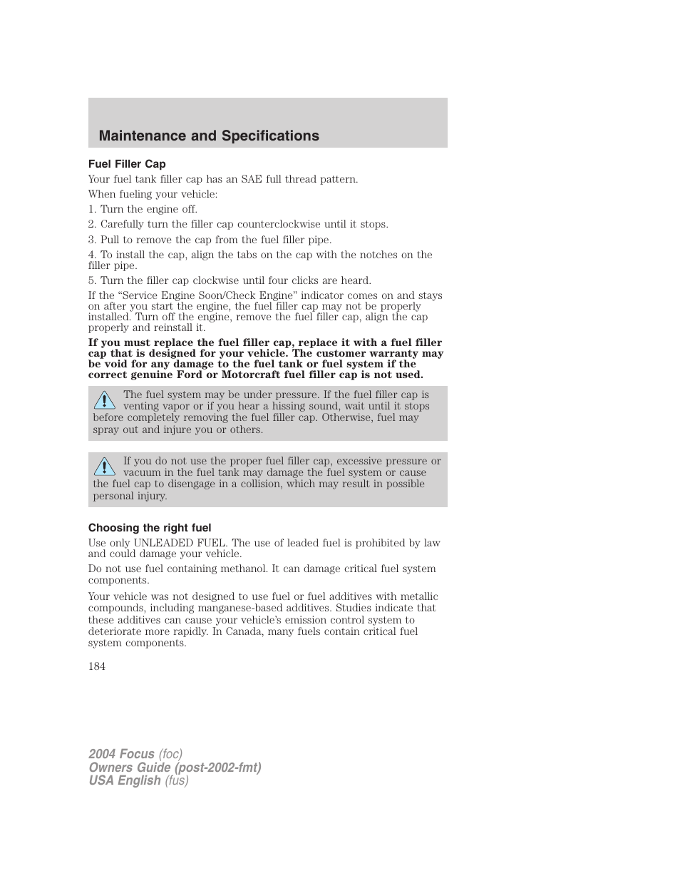 Maintenance and specifications | FORD 2004 Focus v.2 User Manual | Page 184 / 232