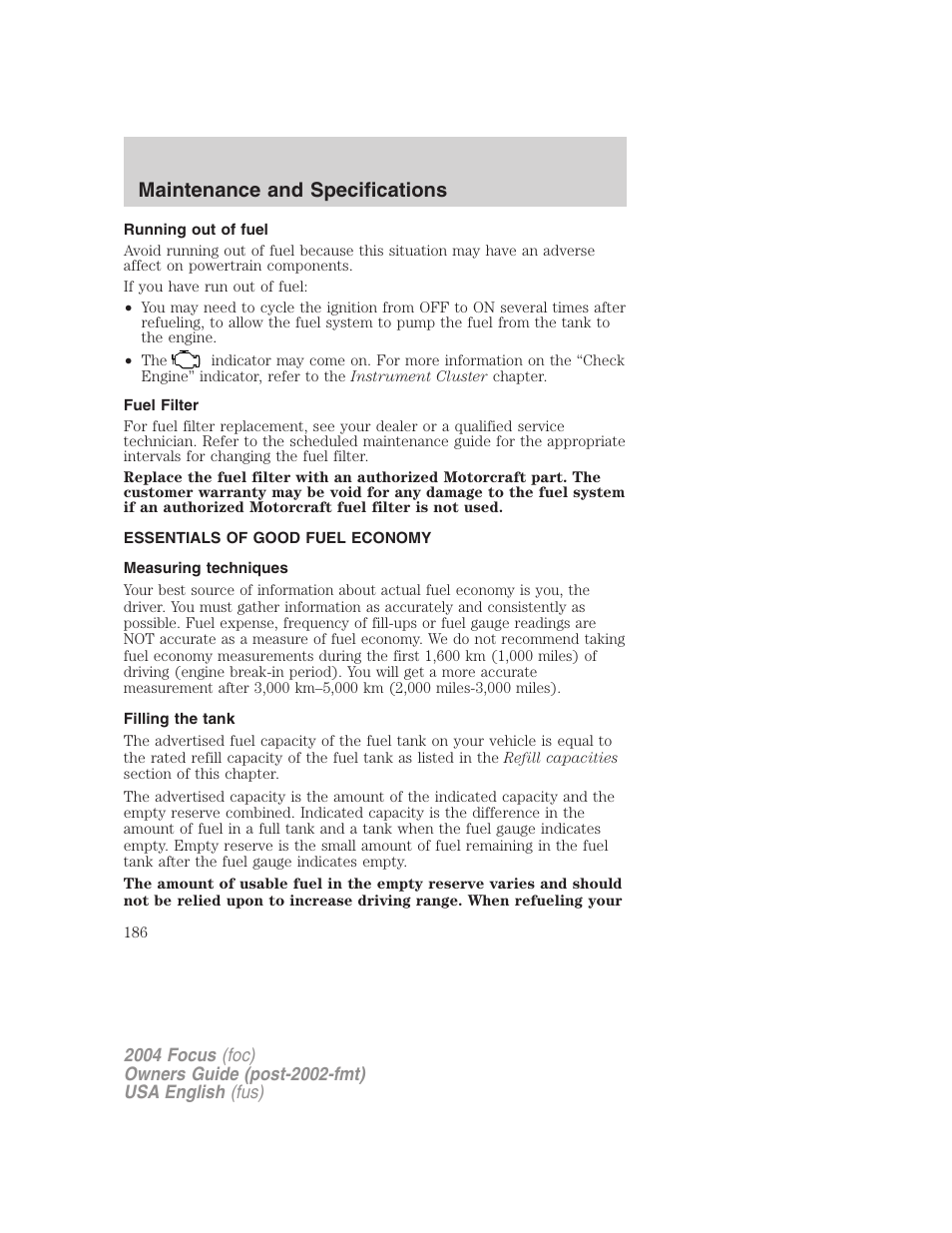 Maintenance and specifications | FORD 2004 Focus v.2 User Manual | Page 186 / 232