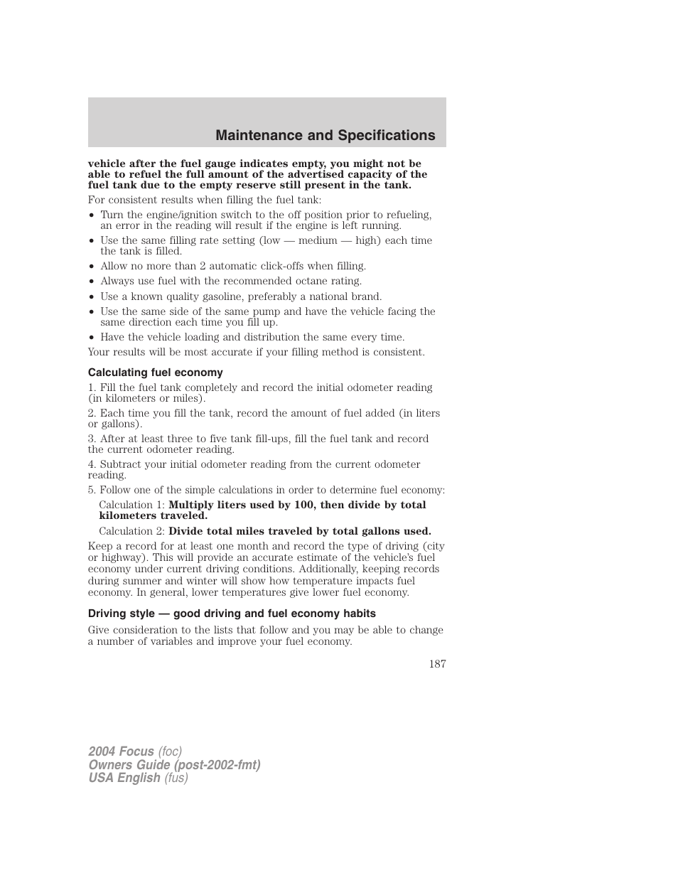 Maintenance and specifications | FORD 2004 Focus v.2 User Manual | Page 187 / 232