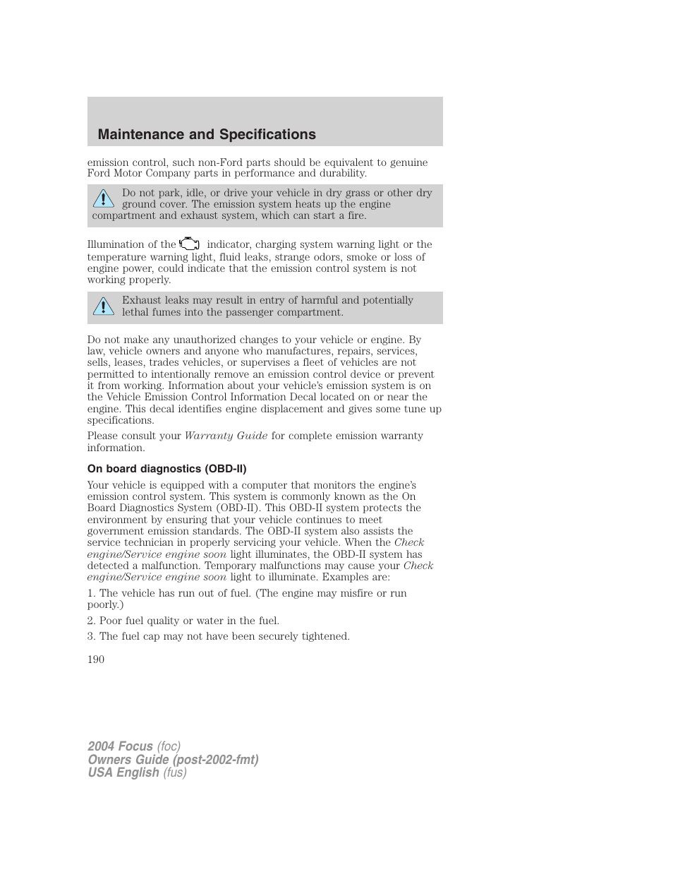 Maintenance and specifications | FORD 2004 Focus v.2 User Manual | Page 190 / 232