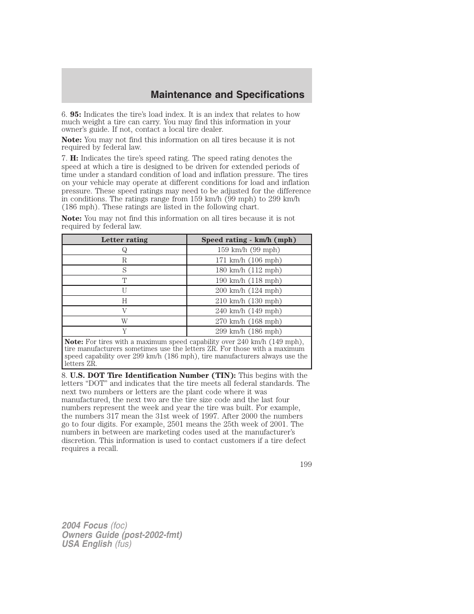 Maintenance and specifications | FORD 2004 Focus v.2 User Manual | Page 199 / 232