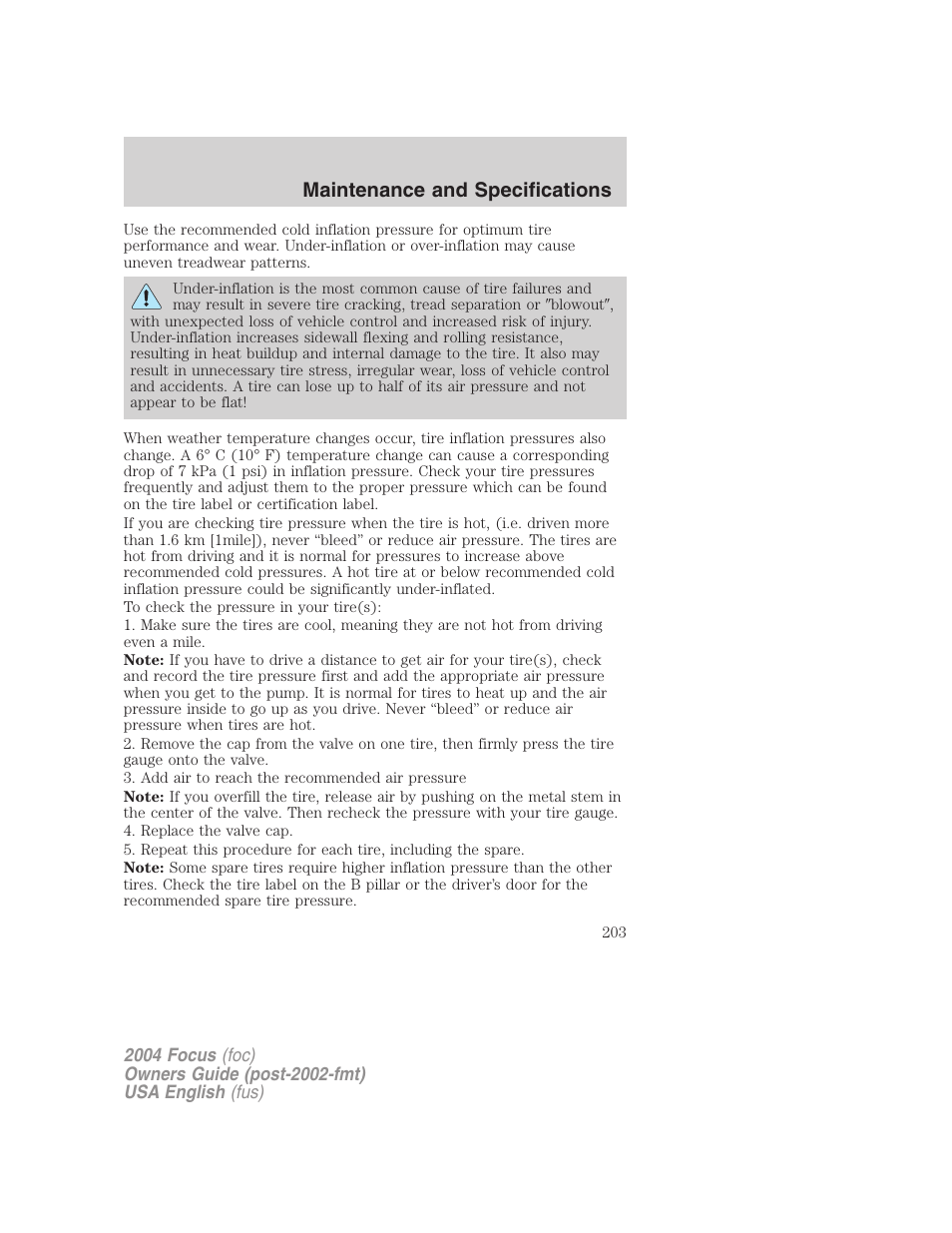 Maintenance and specifications | FORD 2004 Focus v.2 User Manual | Page 203 / 232
