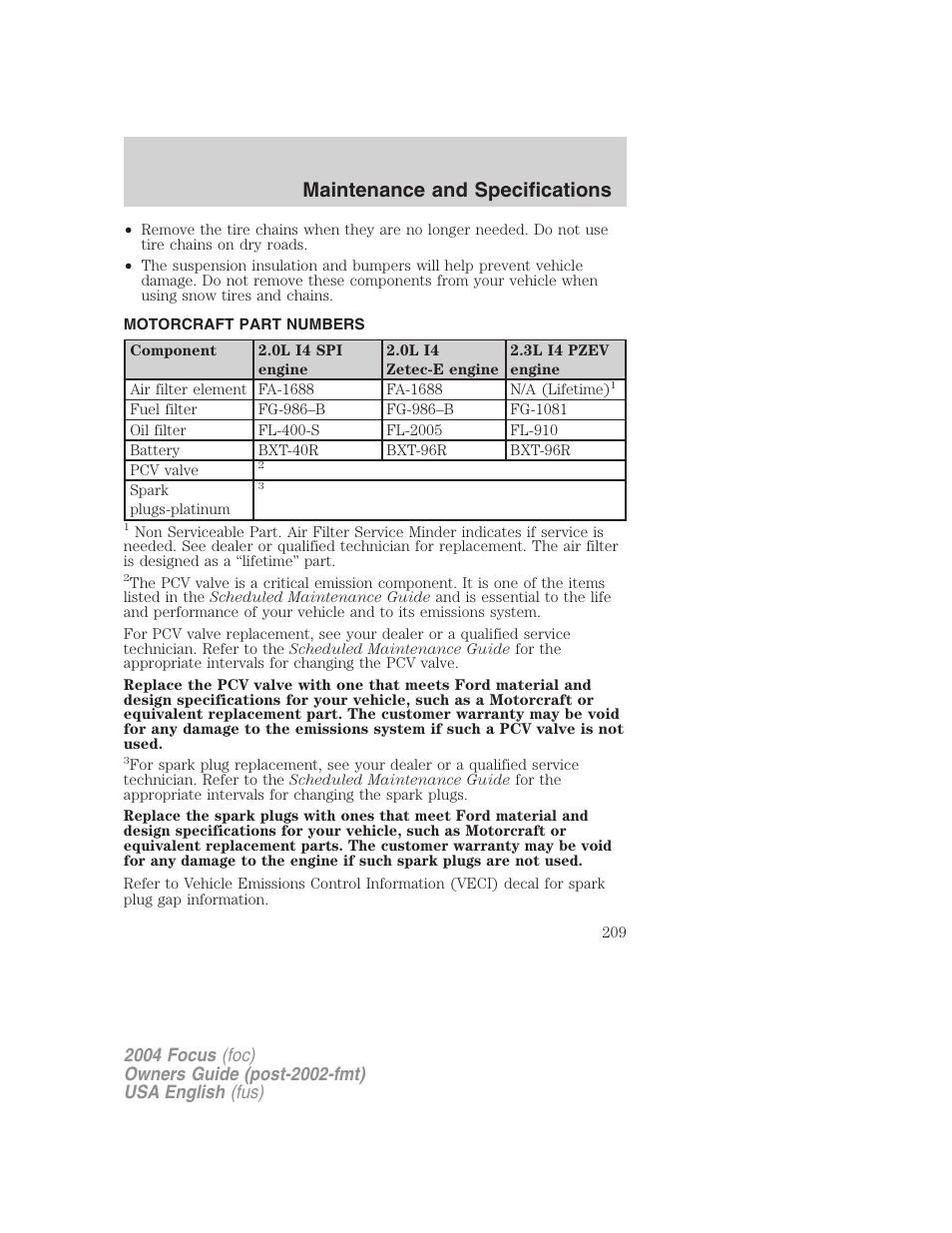 Maintenance and specifications | FORD 2004 Focus v.2 User Manual | Page 209 / 232