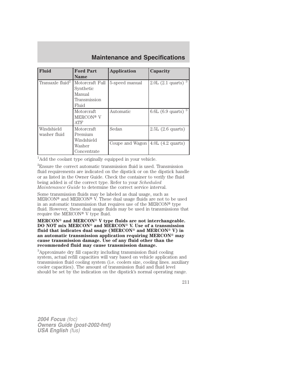 Maintenance and specifications | FORD 2004 Focus v.2 User Manual | Page 211 / 232