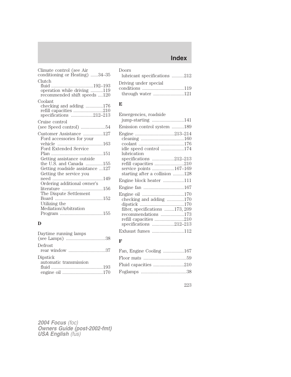 Index | FORD 2004 Focus v.2 User Manual | Page 223 / 232