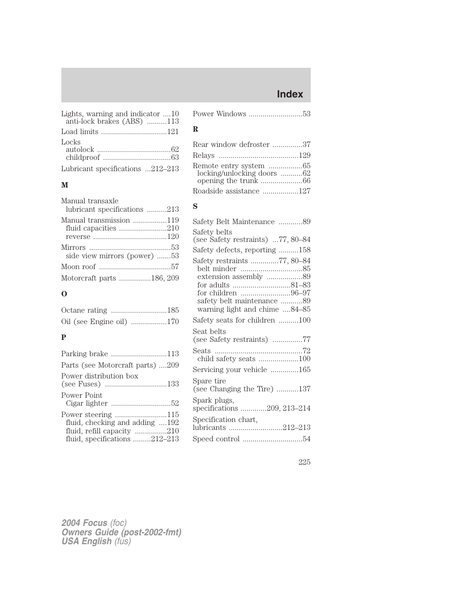 Index | FORD 2004 Focus v.2 User Manual | Page 225 / 232