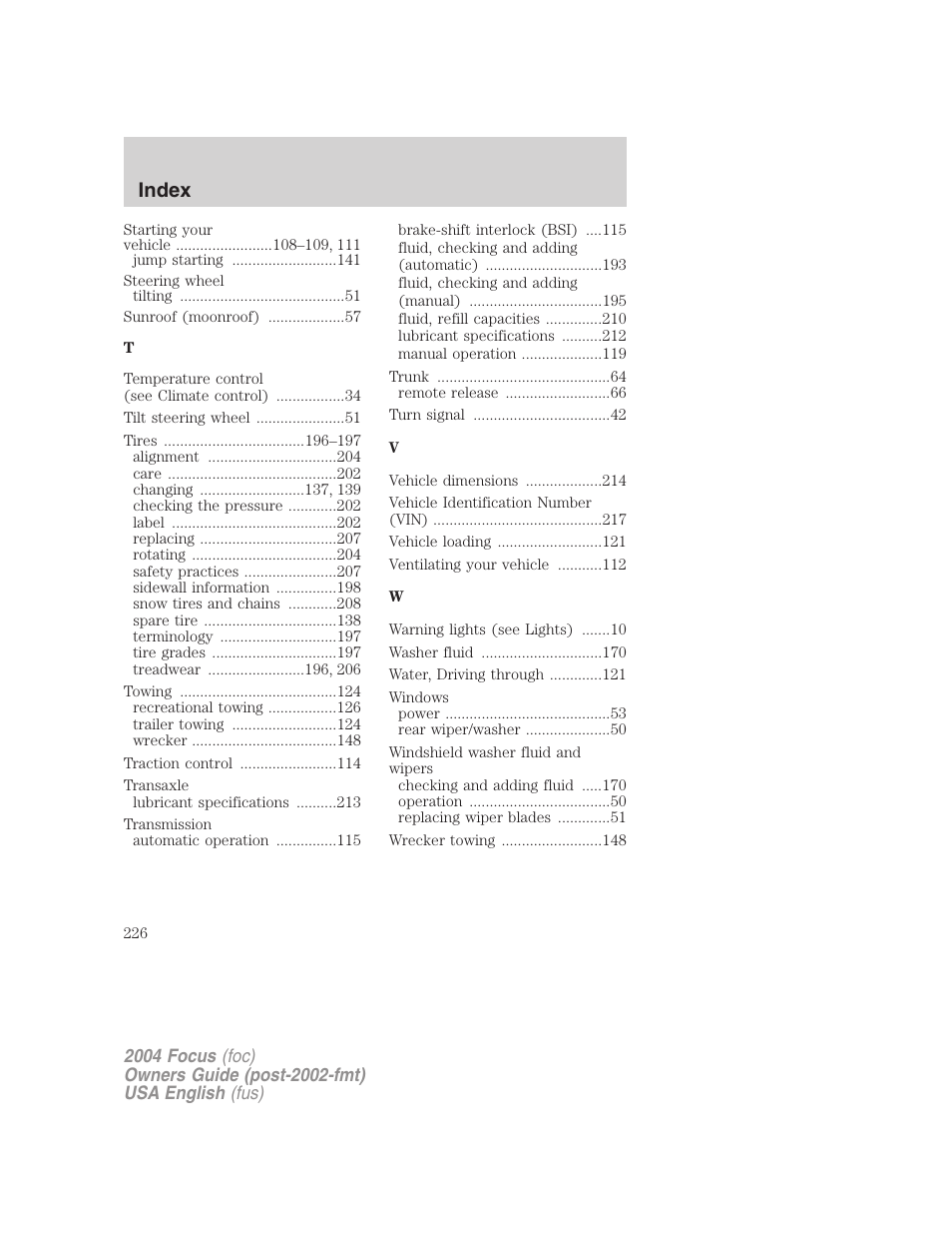 Index | FORD 2004 Focus v.2 User Manual | Page 226 / 232