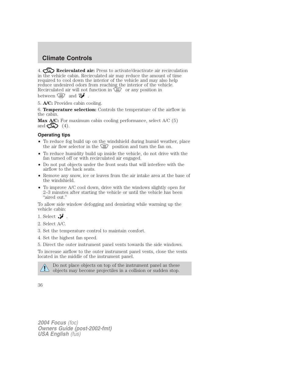 Climate controls | FORD 2004 Focus v.2 User Manual | Page 36 / 232