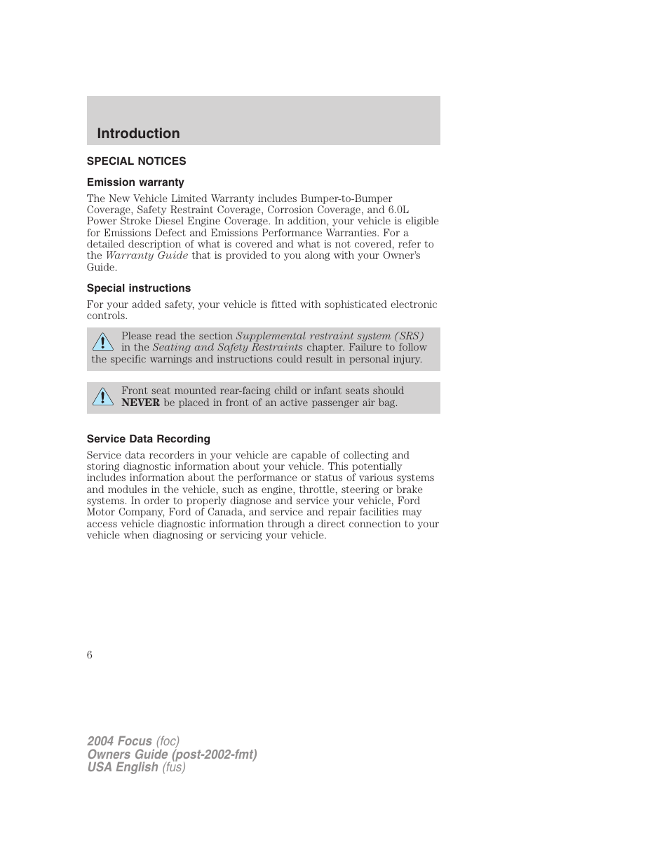 Introduction | FORD 2004 Focus v.2 User Manual | Page 6 / 232