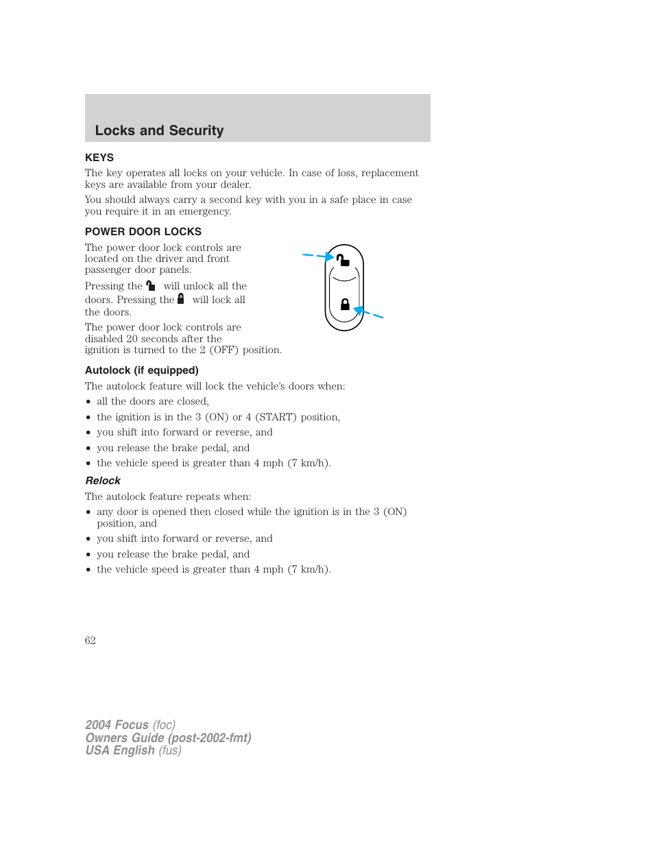 Locks and security | FORD 2004 Focus v.2 User Manual | Page 62 / 232