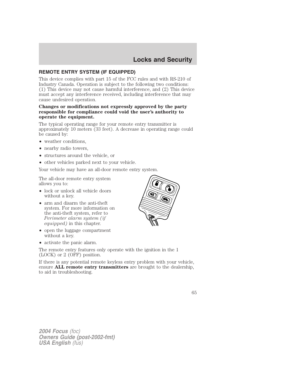 Locks and security | FORD 2004 Focus v.2 User Manual | Page 65 / 232