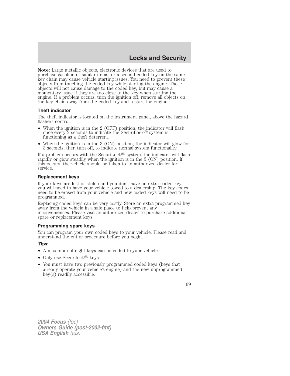 Locks and security | FORD 2004 Focus v.2 User Manual | Page 69 / 232