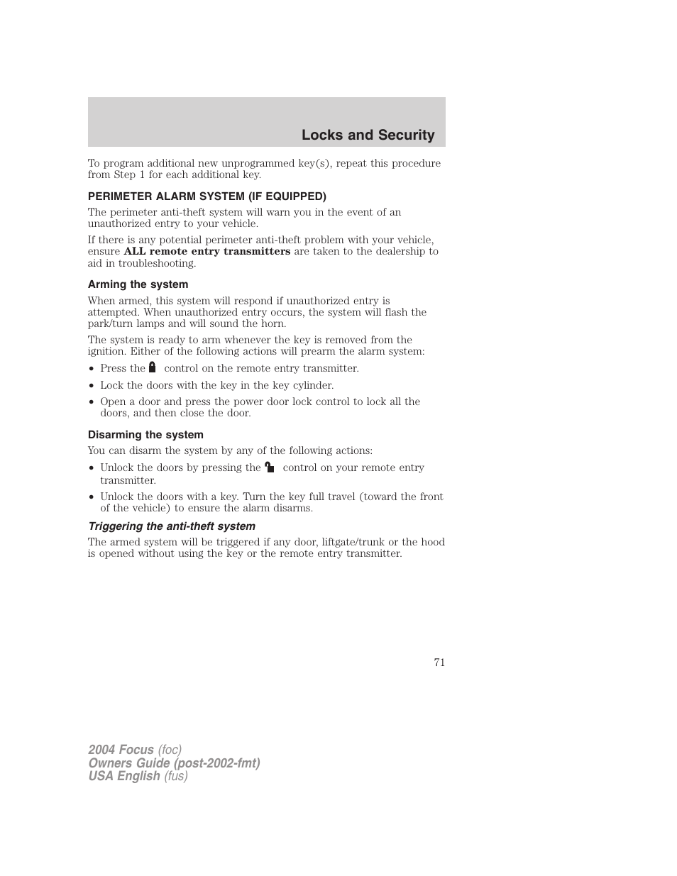 Locks and security | FORD 2004 Focus v.2 User Manual | Page 71 / 232