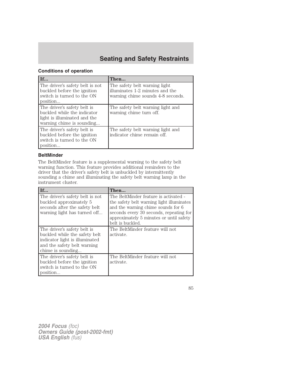 Seating and safety restraints | FORD 2004 Focus v.2 User Manual | Page 85 / 232