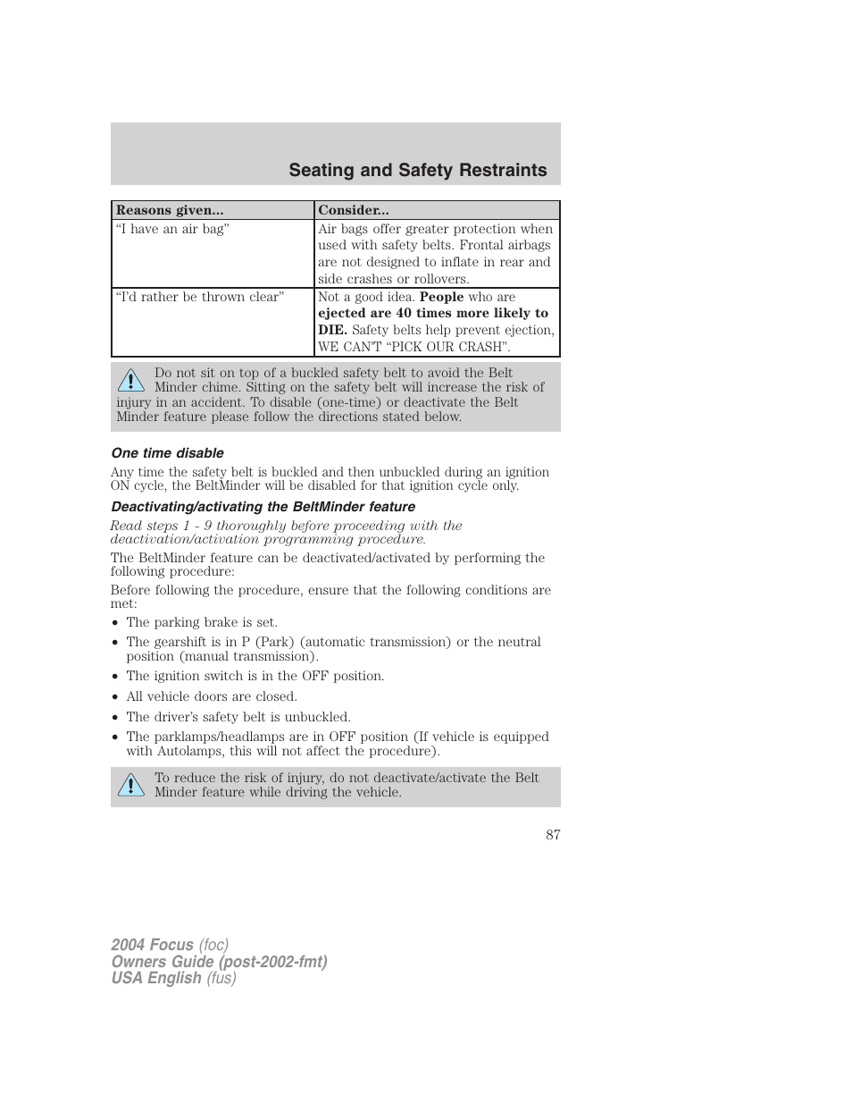 Seating and safety restraints | FORD 2004 Focus v.2 User Manual | Page 87 / 232