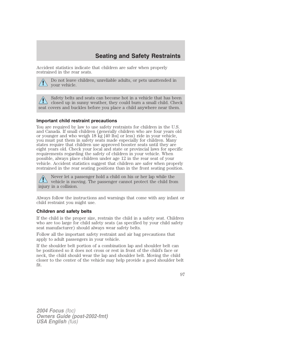 Seating and safety restraints | FORD 2004 Focus v.2 User Manual | Page 97 / 232