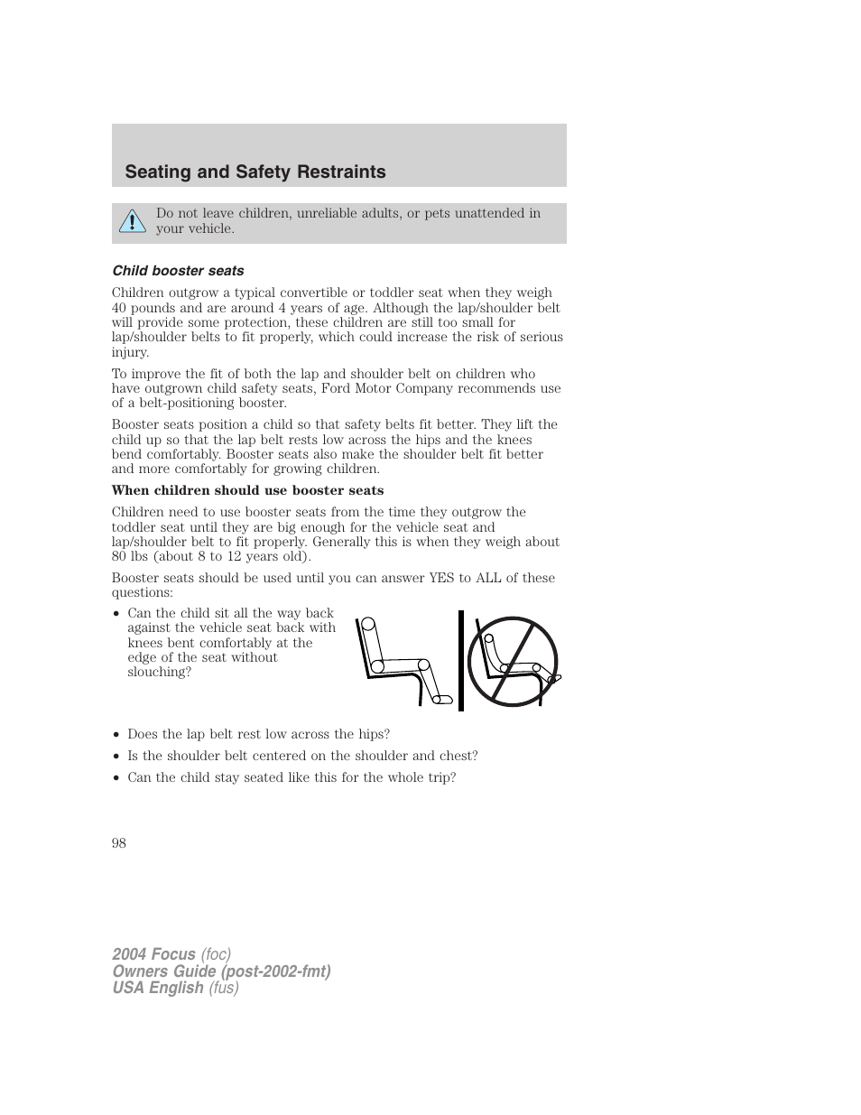 Seating and safety restraints | FORD 2004 Focus v.2 User Manual | Page 98 / 232