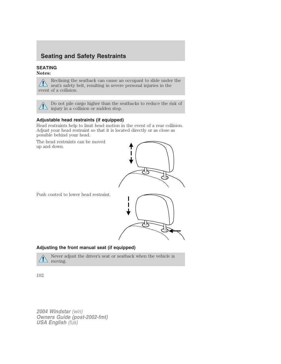 Seating and safety restraints | FORD 2004 Freestar v.1 User Manual | Page 102 / 280