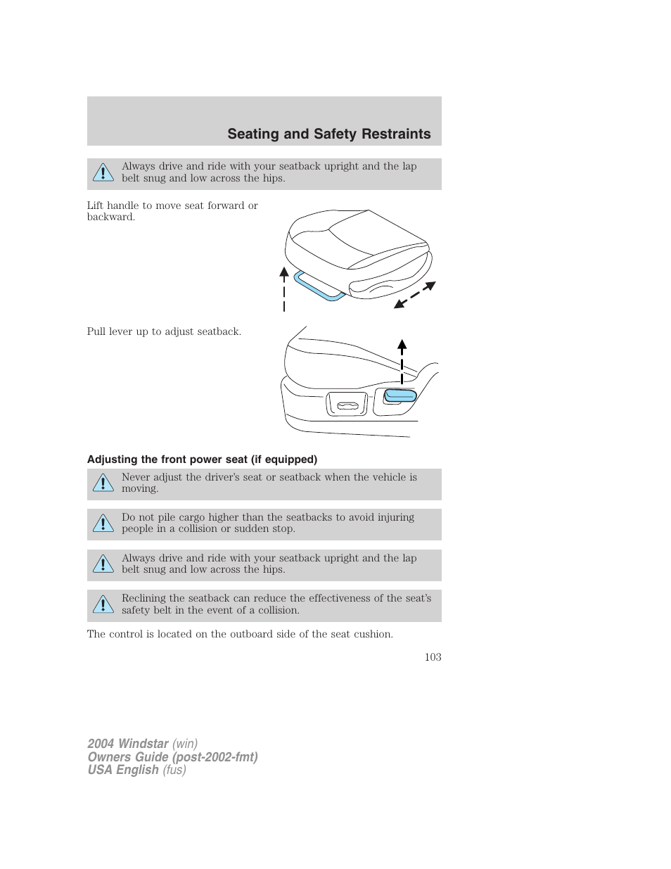 Seating and safety restraints | FORD 2004 Freestar v.1 User Manual | Page 103 / 280